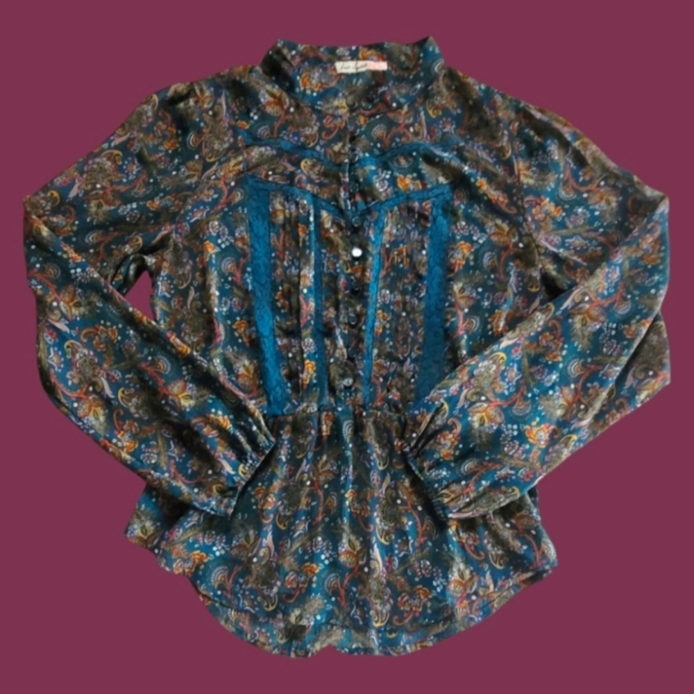 BEAUTIFUL "LOVE SQUARED"  WOMEN'S PAISLEY POET BLOUSE WITH BALLOON SLEEVES SZ. M
